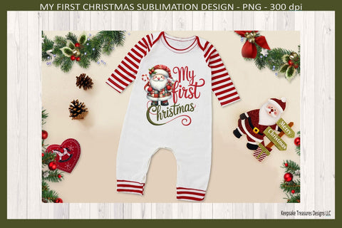 My First Christmas Sublimation Png, Christmas Patchwork Santa, Holiday Baby One Piece Sublimation Keepsake Treasures Designs LLC. 