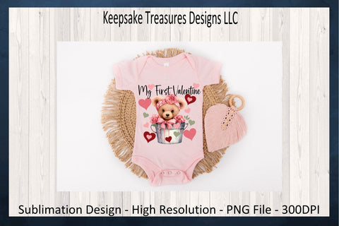 My First Valentine, Girl Teddy Bear, Sublimation PNG Design, Baby One Piece PNG, Digital Download, Valentine Printable Sublimation Keepsake Treasures Designs LLC. 
