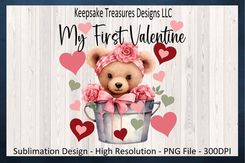 My First Valentine, Girl Teddy Bear, Sublimation PNG Design, Baby One Piece PNG, Digital Download, Valentine Printable Sublimation Keepsake Treasures Designs LLC. 
