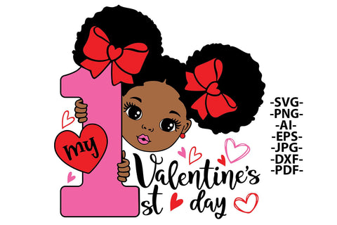 My First Valentine’s Day Girl SVG PNG JPG PDF DXF EPS AI Glitter Red Bow Baby Afro Girl Design for Cricut Sublimation Birthday Shirt SVG 1uniqueminute 