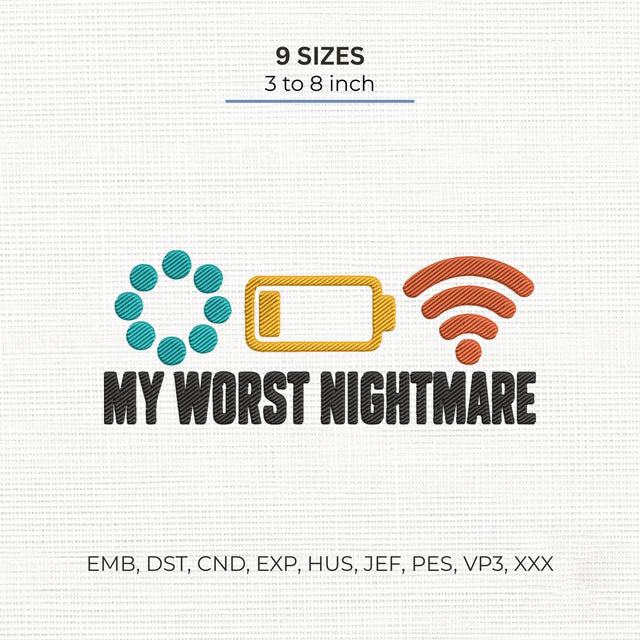 My Worst Nightmare Embroidery Design – Loading Low Battery No WiFi Funny Machine Embroidery File Embroidery/Applique DESIGNS PatternFeed8 