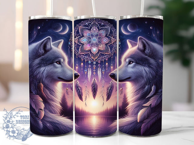 Mystic Dreamcatcher Wolf Tumbler, Wolf Dreamcatcher Pattern, Spiritual Wolf Design, 20Oz Sublimation Wrap, Boho Wolf Art, Dreamcatcher Texture, Tumbler Sublimation Sublimation ToriDesigns 