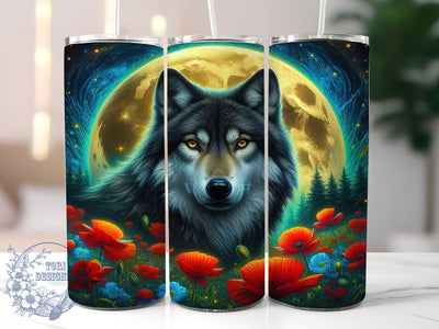 Mystic Moon Wolf Floral Tumbler, Wolf and Poppies Design, 20Oz Sublimation, Floral Wolf Art, Night Sky Wolf Printable, Mystic Wolf Wrap, Poppy Flower Tumbler Sublimation ToriDesigns 