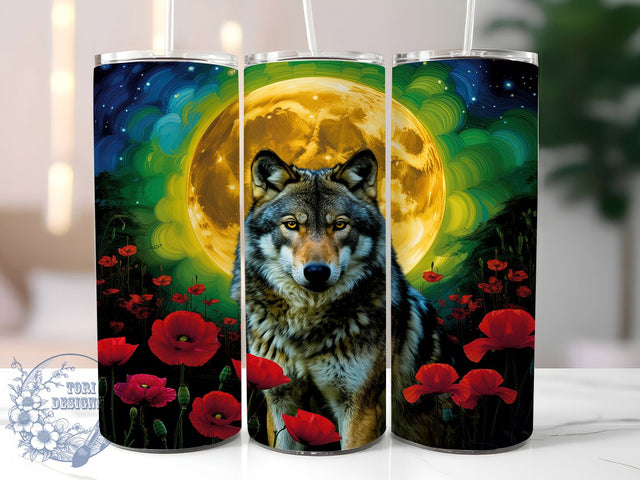 Mystic Moon Wolf Floral Tumbler, Wolf and Poppies Design, 20Oz Sublimation, Floral Wolf Art, Night Sky Wolf Printable, Mystic Wolf Wrap, Poppy Flower Tumbler Sublimation ToriDesigns 