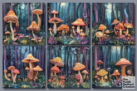 Mystic Mushrooms Quilling Digital Paper | Fall Forest Sublimation Digital Pattern Fine Purple Elephant Creations 