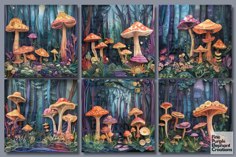 Mystic Mushrooms Quilling Digital Paper | Fall Forest Sublimation Digital Pattern Fine Purple Elephant Creations 