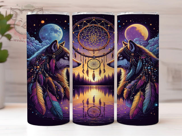 Mystic Wolf Dreamcatcher Tumbler, Wolf Pack Tumbler, Dreamcatcher Tumbler, 20oz Sublimation Wrap, Spiritual Wolf Design, Boho Animal Tumbler, Seamless Wildlife Wrap Sublimation Lara' s Designs 