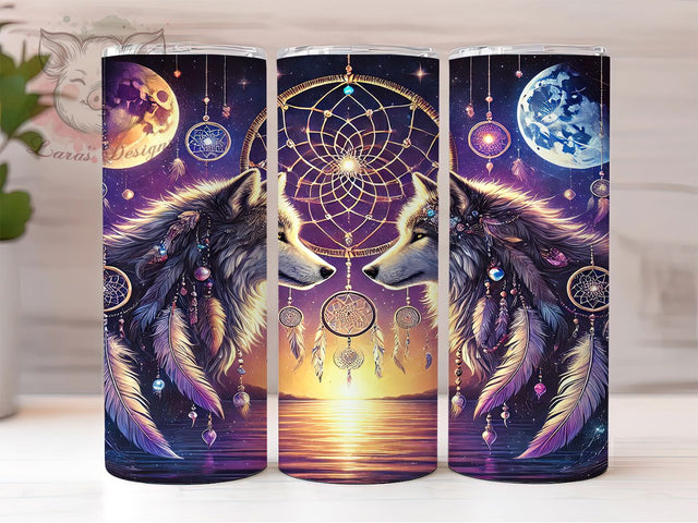 Mystic Wolf Dreamcatcher Tumbler, Wolf Pack Tumbler, Dreamcatcher Tumbler, 20oz Sublimation Wrap, Spiritual Wolf Design, Boho Animal Tumbler, Seamless Wildlife Wrap Sublimation Lara' s Designs 