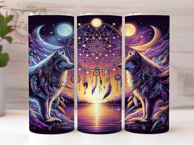 Mystic Wolf Dreamcatcher Tumbler, Wolf Pack Tumbler, Dreamcatcher Tumbler, 20oz Sublimation Wrap, Spiritual Wolf Design, Boho Animal Tumbler, Seamless Wildlife Wrap Sublimation Lara' s Designs 