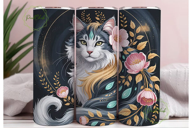 Mystical Cat Floral 20oz Tumbler Wrap Sublimation PixelChick 