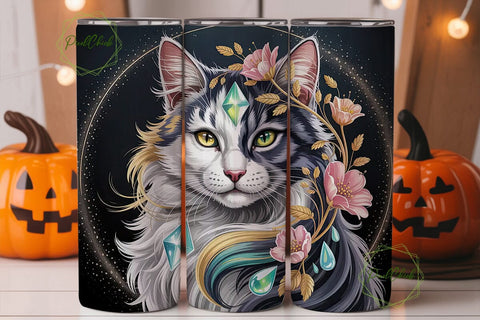 Mystical Cat Floral 20oz Tumbler Wrap Sublimation PixelChick 
