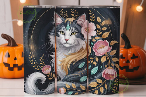Mystical Cat Floral 20oz Tumbler Wrap Sublimation PixelChick 
