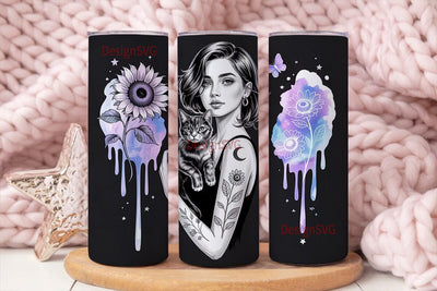 Mystical Cat & Sunflower Girl Tumbler Sublimation DesignSVG 