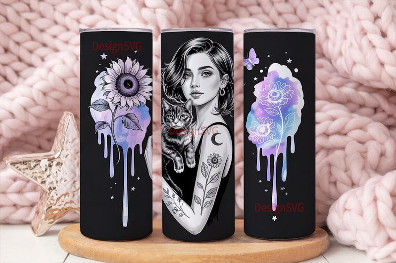 Mystical Cat & Sunflower Girl Tumbler Sublimation DesignSVG 