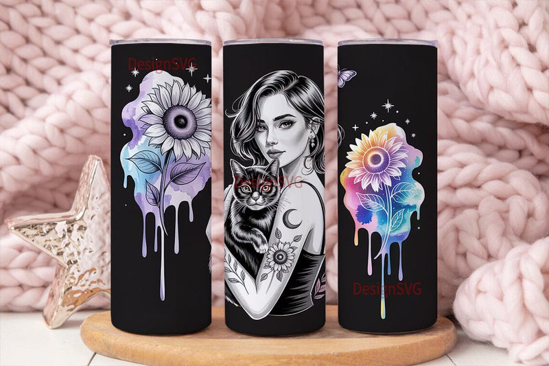 Mystical Cat & Sunflower Girl Tumbler Sublimation DesignSVG 