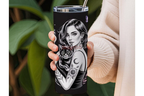 Mystical Cat & Sunflower Girl Tumbler Sublimation DesignSVG 