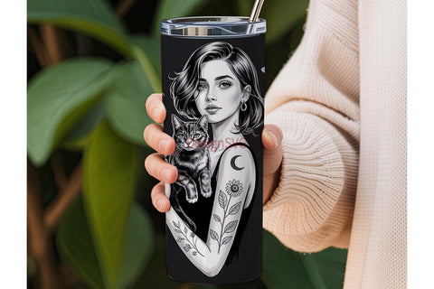 Mystical Cat & Sunflower Girl Tumbler Sublimation DesignSVG 