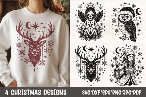 Mystical Christmas Reindeer SVG Files | Celestial Deer, Angel, Owl & Elf for Cricut SVG Tafti Art 