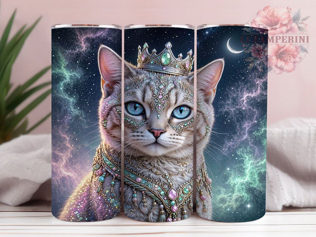 Mystical Cosmic Cat 20oz Tumbler, Cosmic Cat Motif, Mystical Art Design, Celestial Theme, Whimsical Accent, Enchanted Charm, Sublimation Wrap, 20oz Tumbler Sublimation Li Zamperini 