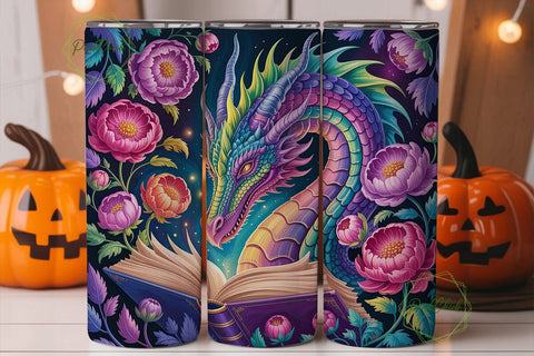 Mystical Dragon & Peony Book Tumbler Sublimation PixelChick 