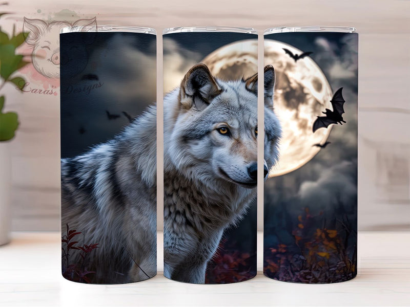 Mystical Full Moon Wolf Tumbler, White Wolf Wrap, Mystical Moon Cup, 20oz Sublimation Wrap, Stylish Wolf Design Tumbler, Artistic Lunar Wolf Cup, Whimsical Moonlight Theme Wrap Sublimation Lara' s Designs 