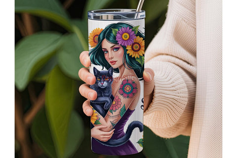 Mystical Girl & Cat 20oz Tumbler Wrap Sublimation DesignSVG 