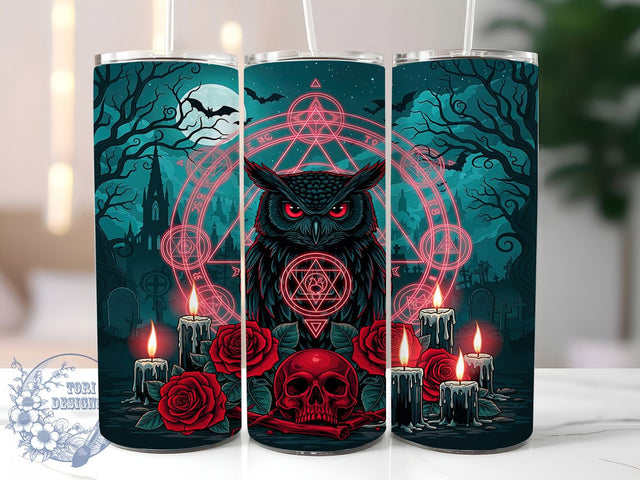 Mystical Gothic Owl Halloween Tumbler, Red And Teal Owl Wrap, Gothic Rose Sublimation, Dark Fantasy Owl Cup, Spooky Owl Drinkware, Halloween Owl Tumbler Design, Mystical Gothic Owl Sublimation ToriDesigns 
