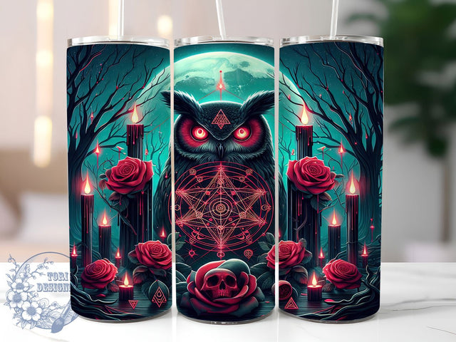Mystical Gothic Owl Halloween Tumbler, Red And Teal Owl Wrap, Gothic Rose Sublimation, Dark Fantasy Owl Cup, Spooky Owl Drinkware, Halloween Owl Tumbler Design, Mystical Gothic Owl Sublimation ToriDesigns 