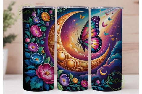Mystical Moon Butterfly Flowers Tumbler Sublimation PixelChick 