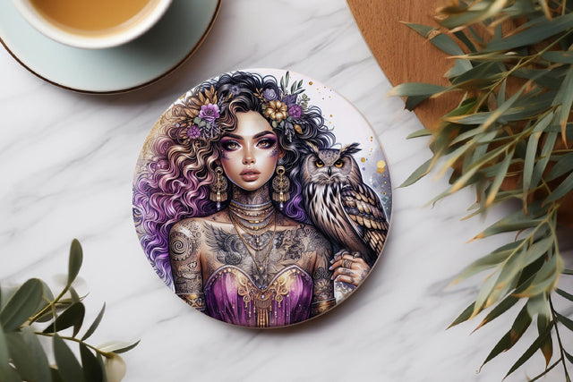 Mystical Owl Woman Round Car Coaster PNG Design Sublimation BijouBay 