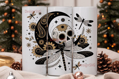 Mystical Skull & Dragonfly 20oz Tumbler Sublimation DesignSVG 
