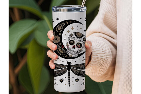 Mystical Skull & Dragonfly 20oz Tumbler Sublimation DesignSVG 