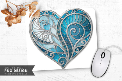 Mystical Stained Glass Heart in Icy Blue and Silver Mouse Pad PNG Design Sublimation Regulrcrative 