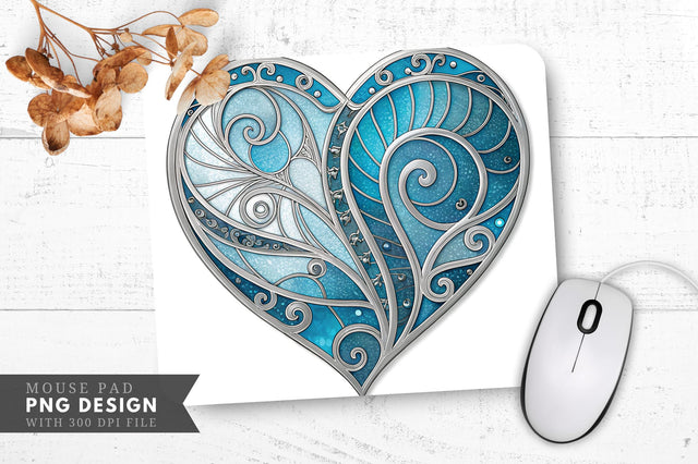Mystical Stained Glass Heart in Icy Blue and Silver Mouse Pad PNG Design Sublimation Regulrcrative 