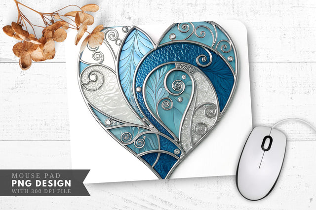 Mystical Stained Glass Heart in Icy Blue and Silver Mouse Pad PNG Design Sublimation Regulrcrative 