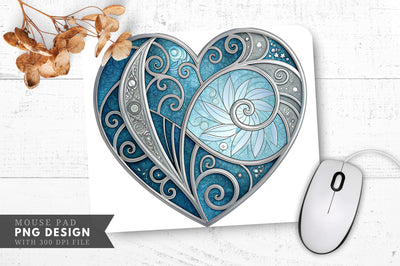 Mystical Stained Glass Heart in Icy Blue and Silver Mouse Pad PNG Design Sublimation Regulrcrative 