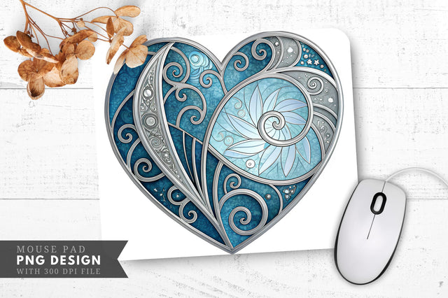 Mystical Stained Glass Heart in Icy Blue and Silver Mouse Pad PNG Design Sublimation Regulrcrative 