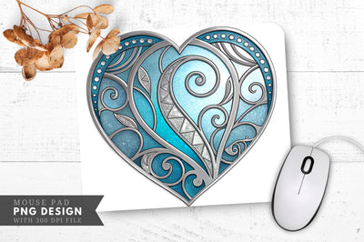Mystical Stained Glass Heart in Icy Blue and Silver Mouse Pad PNG Design Sublimation Regulrcrative 