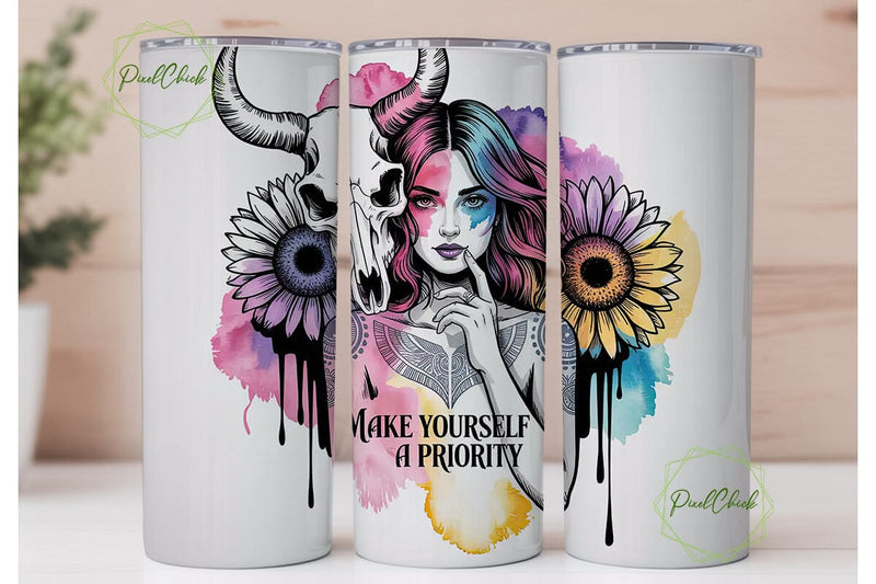 Mystical Sunflower Skull Tumbler Wrap Sublimation PixelChick 