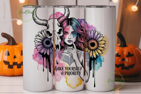 Mystical Sunflower Skull Tumbler Wrap Sublimation PixelChick 