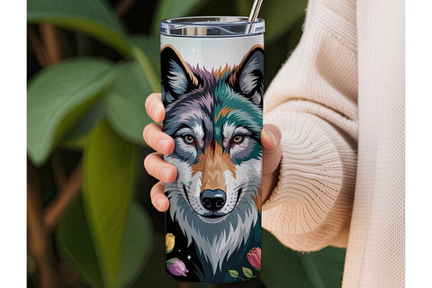 Mystical Wolf Floral 20oz Tumbler Wrap Sublimation DesignSVG 
