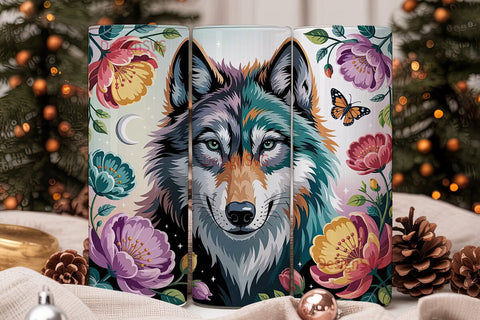 Mystical Wolf Floral 20oz Tumbler Wrap Sublimation DesignSVG 