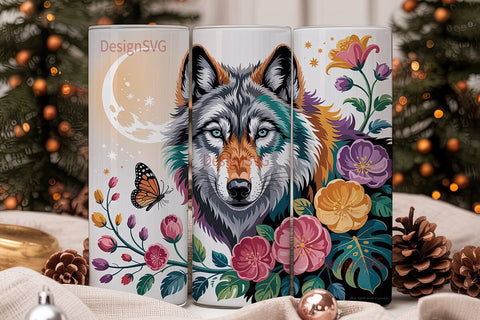 Mystical Wolf Floral 20oz Tumbler Wrap Sublimation DesignSVG 
