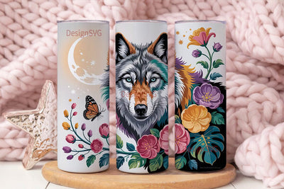 Mystical Wolf Floral 20oz Tumbler Wrap Sublimation DesignSVG 