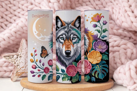 Mystical Wolf Floral 20oz Tumbler Wrap Sublimation DesignSVG 