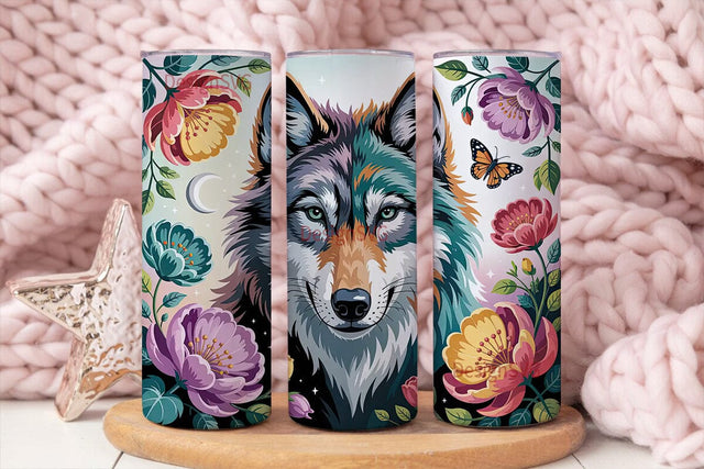 Mystical Wolf Floral 20oz Tumbler Wrap Sublimation DesignSVG 
