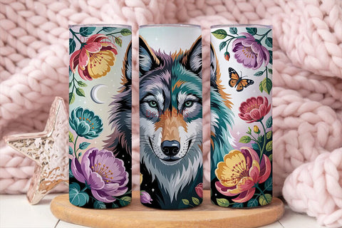 Mystical Wolf Floral 20oz Tumbler Wrap Sublimation DesignSVG 