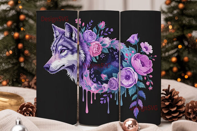 Mystical Wolf Floral Tumbler Wrap Sublimation DesignSVG 