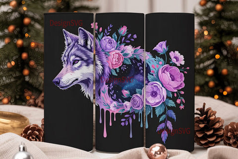 Mystical Wolf Floral Tumbler Wrap Sublimation DesignSVG 