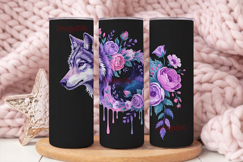 Mystical Wolf Floral Tumbler Wrap Sublimation DesignSVG 